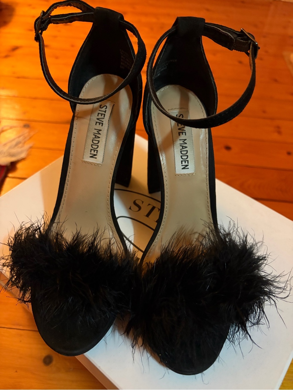 Steve Madden Black Feather-Trim Ankle Strap Block Heels